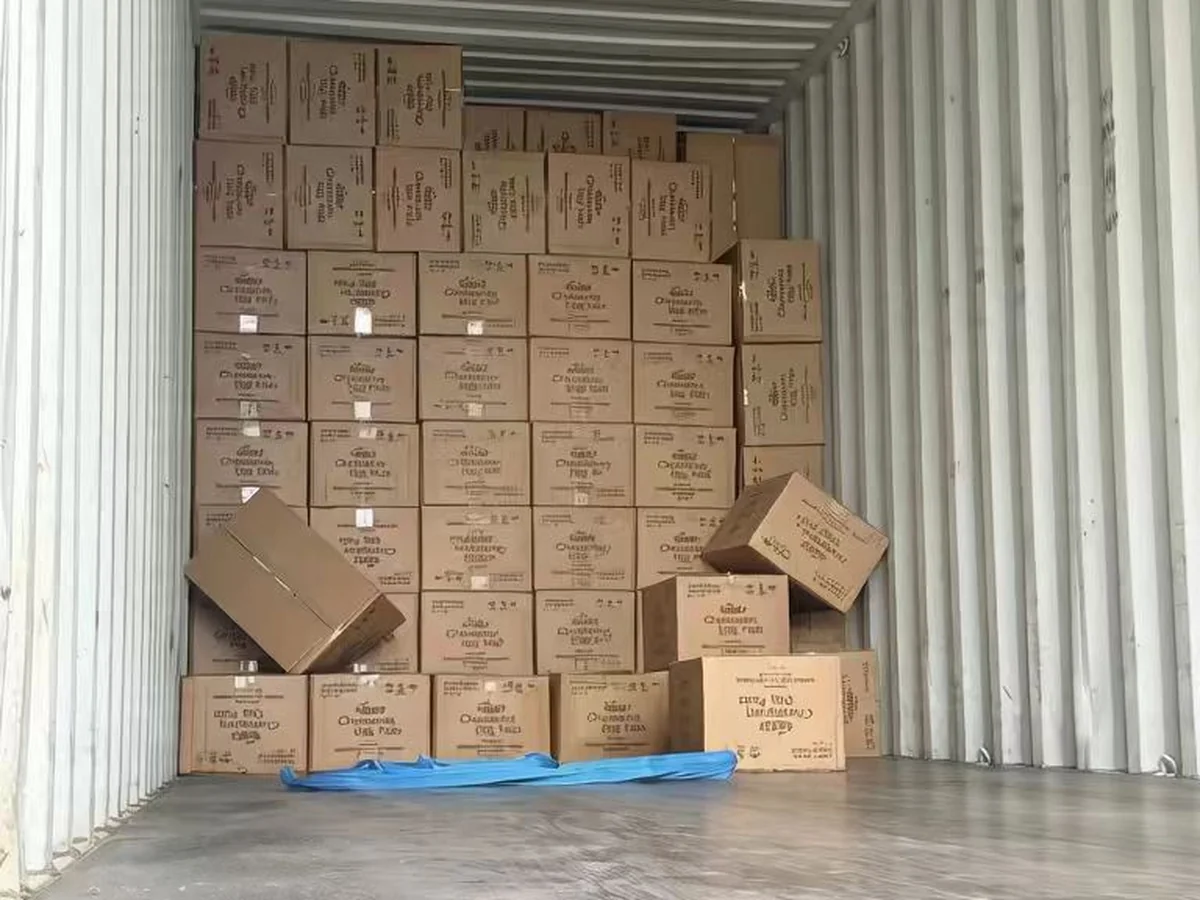 Carton-packed cat litter stacked neatly inside a container.