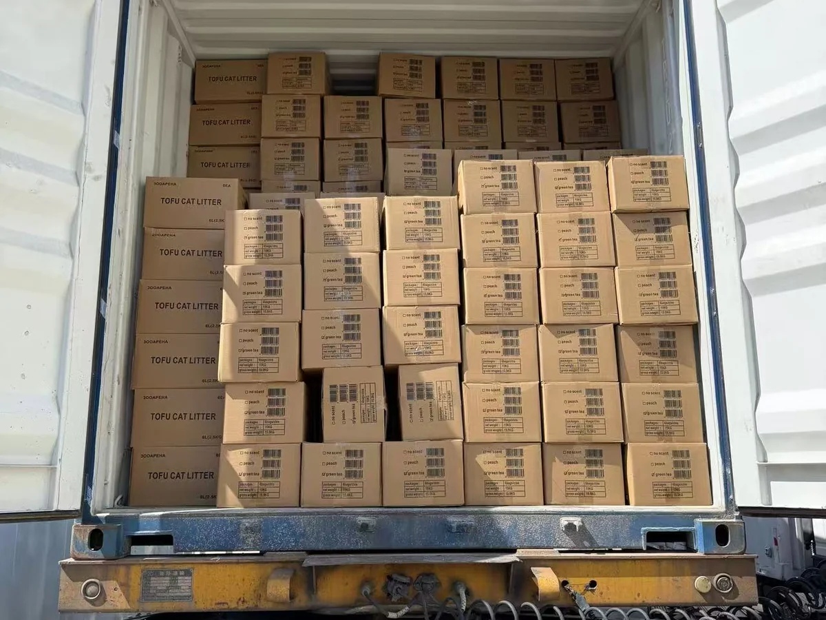 Cartons of tofu cat litter stacked inside a shipping container.